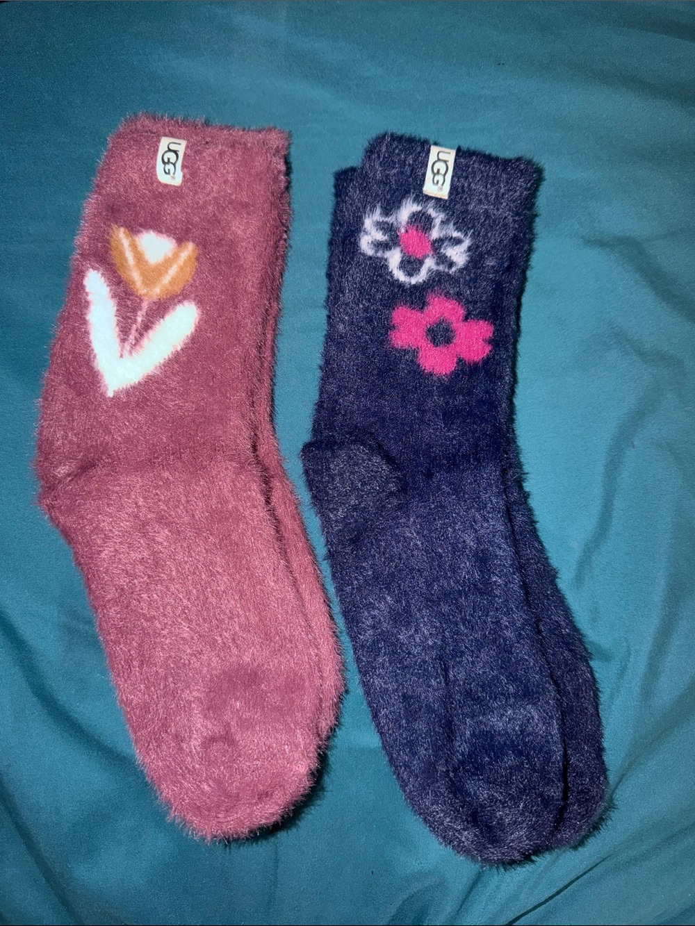 UGG Fuzzy Floral Crew Socks - Pink and Navy